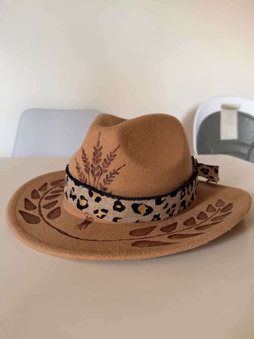 Tan Women’s Cowboy Hat Fedora with Leopard Band and Wood Burn Detailing